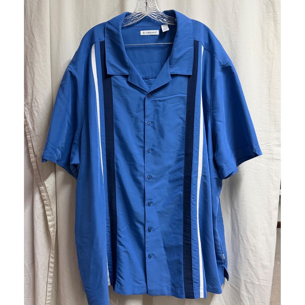 Cubavera Mens 4XLT Blue Striped Short Sleeve Camp Collar Bowling Shirt Classic